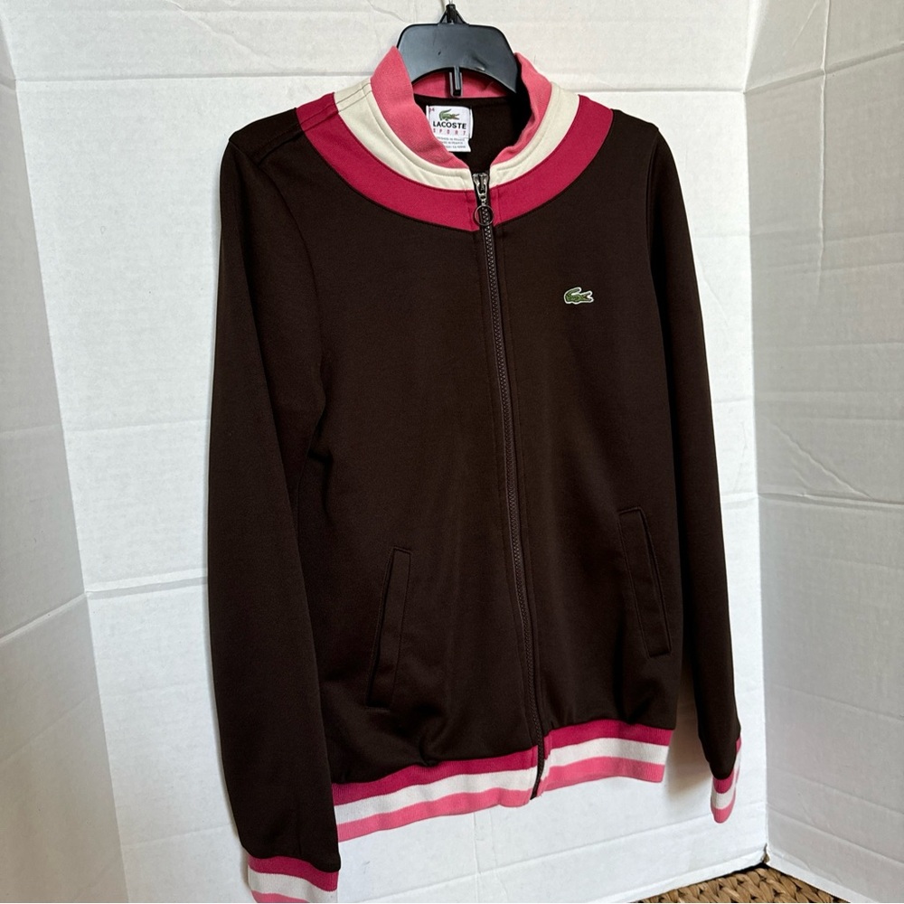Lacoste Women's Pink Cream Brown Jacket Size 34 Size 2 EUC Full Zipper